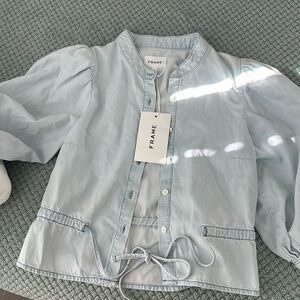 Denim shirt short sleeve puff sleeve peplum top